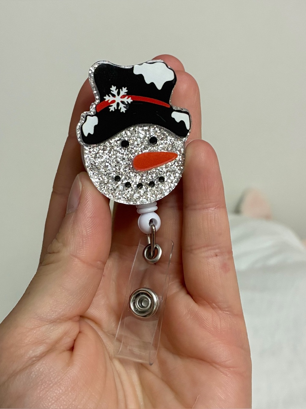 Snowman sparkle winter badge reel